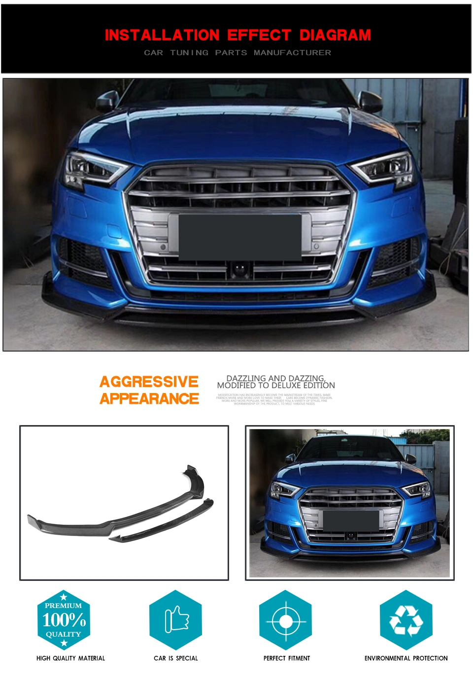 Facelift S3 Carbon Fiber Front Valance Kit for Audi S3 8V A3 Sline Sedan 17-18