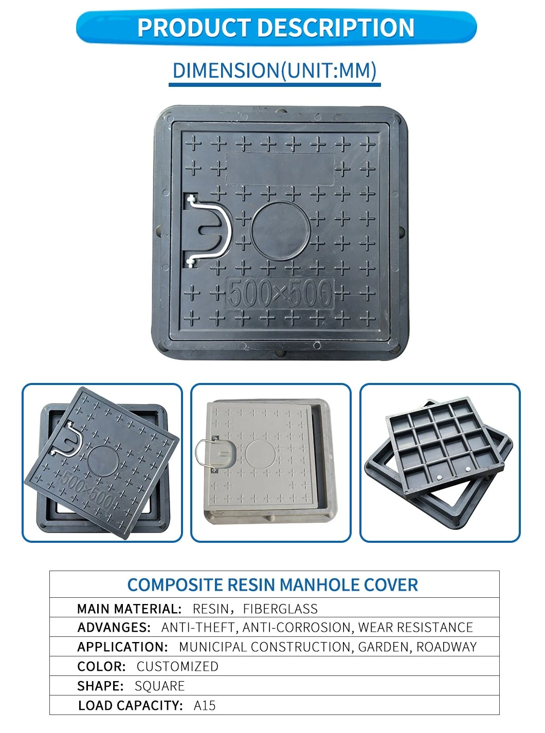 FRP Composite Resin BMC/SMC/FRP Square and Round Manhole Cover with Frame