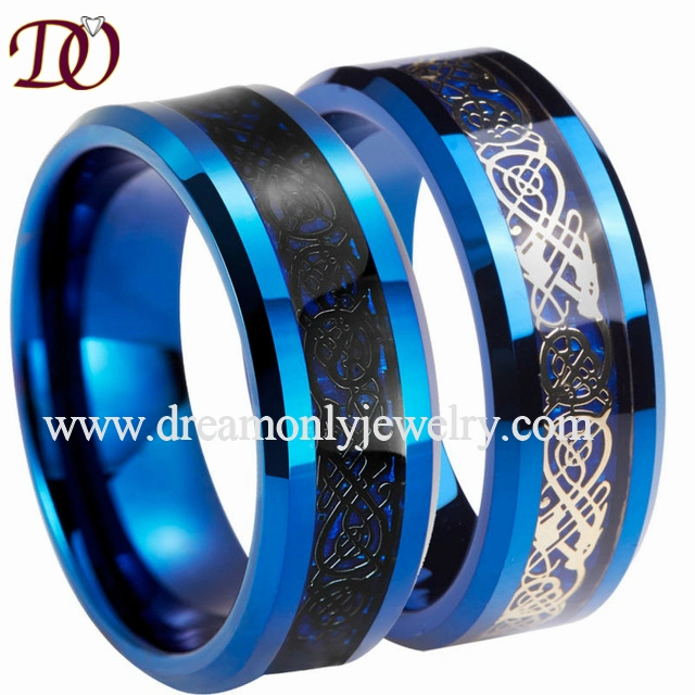 Dragon and Carbon Fiber Inlay Tungsten Ring Blue