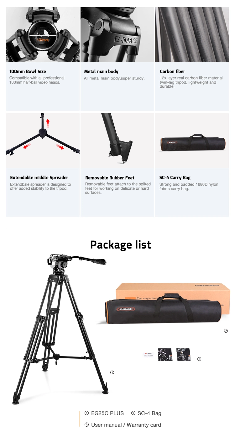 E-Image Carbon Fiber Heavy Duty Video Tripod Kit with Ground Spreader (EG25C PLUS)