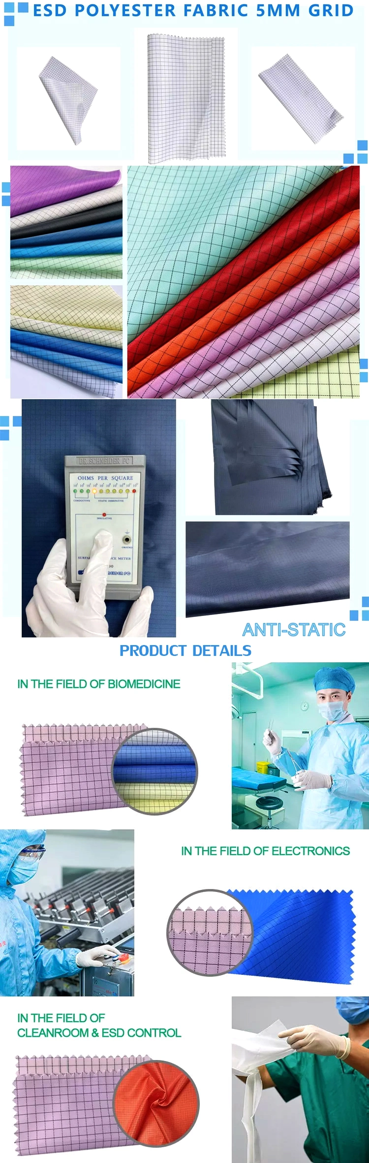 High Conductive 98% Polyester and 2% Carbon Fiber ESD Anti-Static Cloth Fabric