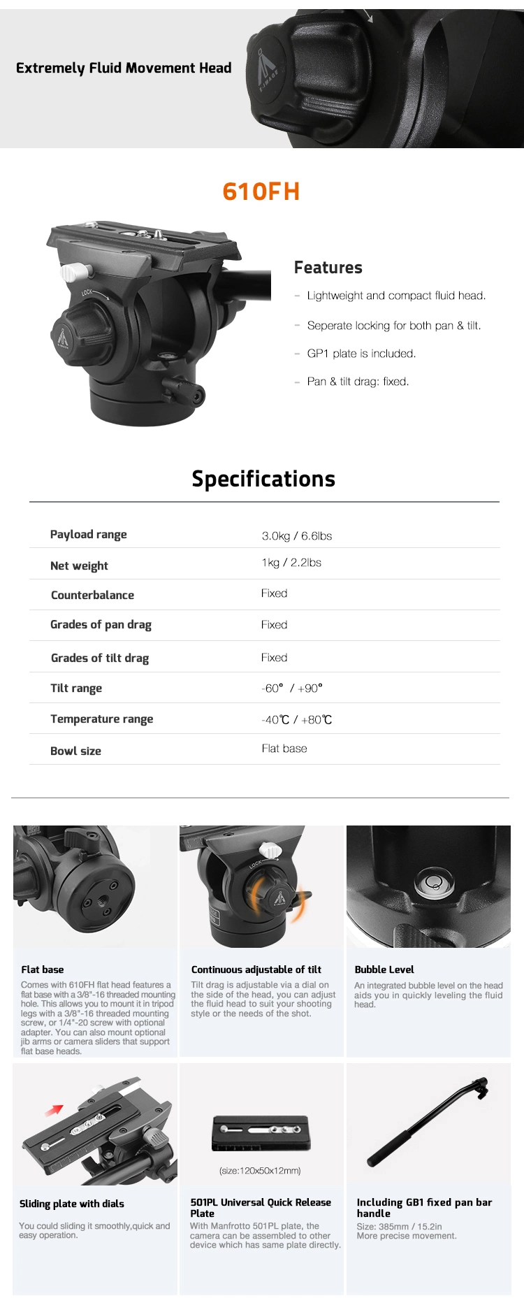 E-Image Carbon Fiber Video Monopod with Flat Fluid Head (MC600+610FH)