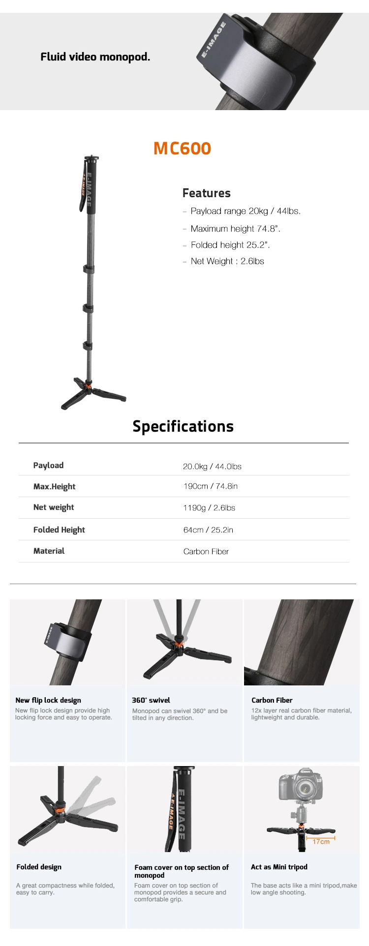 E-Image Carbon Fiber Video Monopod with Flat Fluid Head (MC600+610FH)