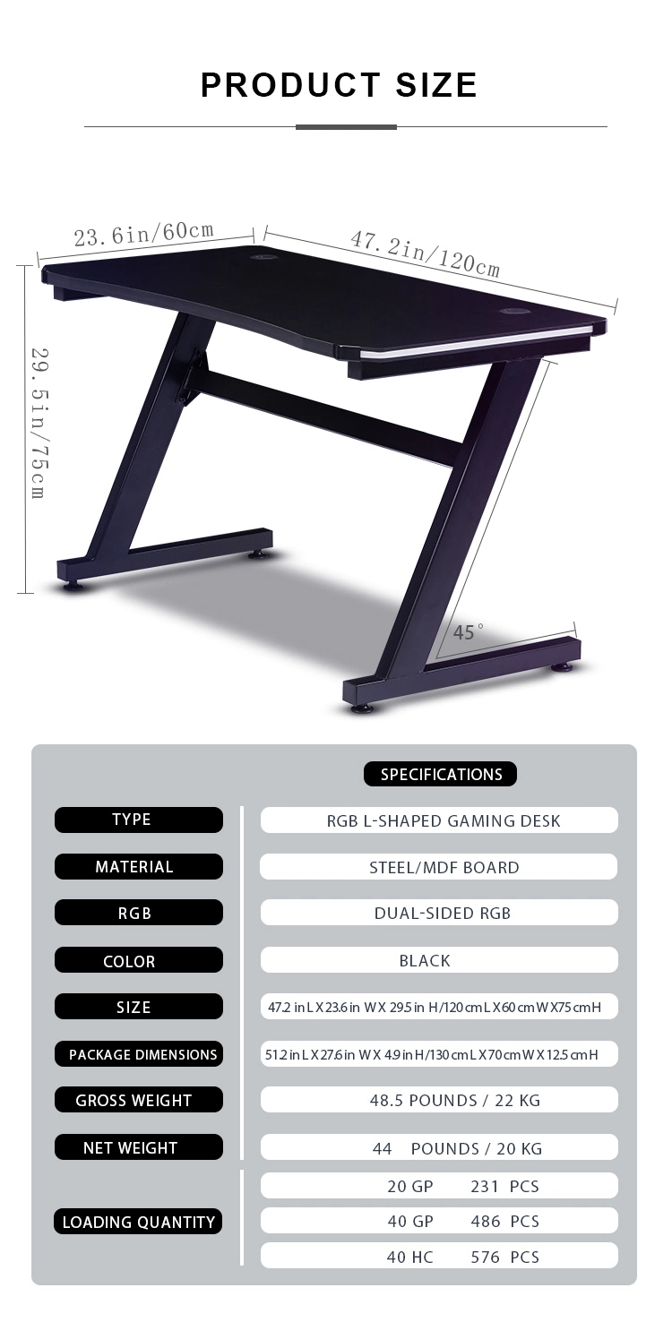 2020 Latest Design LED Lighting Large MDF Carbon Fiber Texture Gaming Table PC Computer Gaming Desk