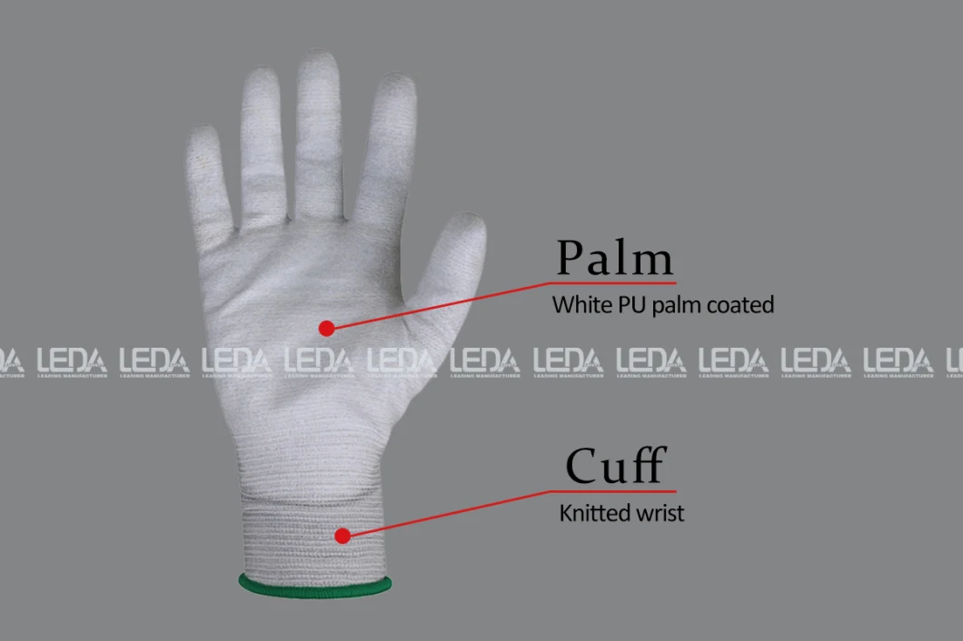 18g Carbon Fiber/Hppe Knitted Shell PU Palm Coated A2 Cut Resistant Safety Gloves