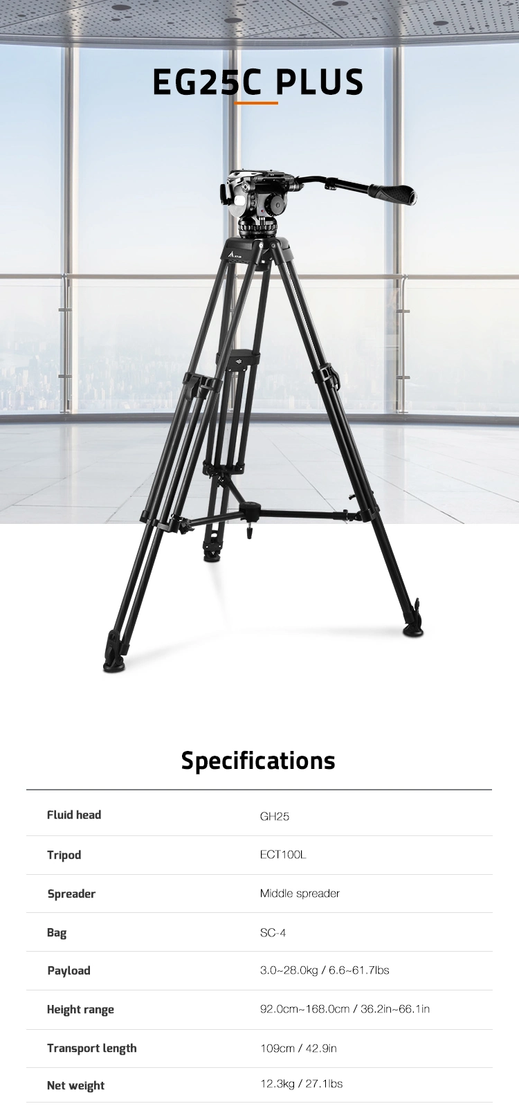 E-Image Carbon Fiber Heavy Duty Video Tripod Kit with Ground Spreader (EG25C PLUS)