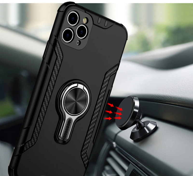 Mobile Phone Accessories Protective Cases Carbon Fiber Design Back Phone Cover for iPhone 11 12 PRO Max Case Magnetic Ring Holder Car Bracket Phone Case