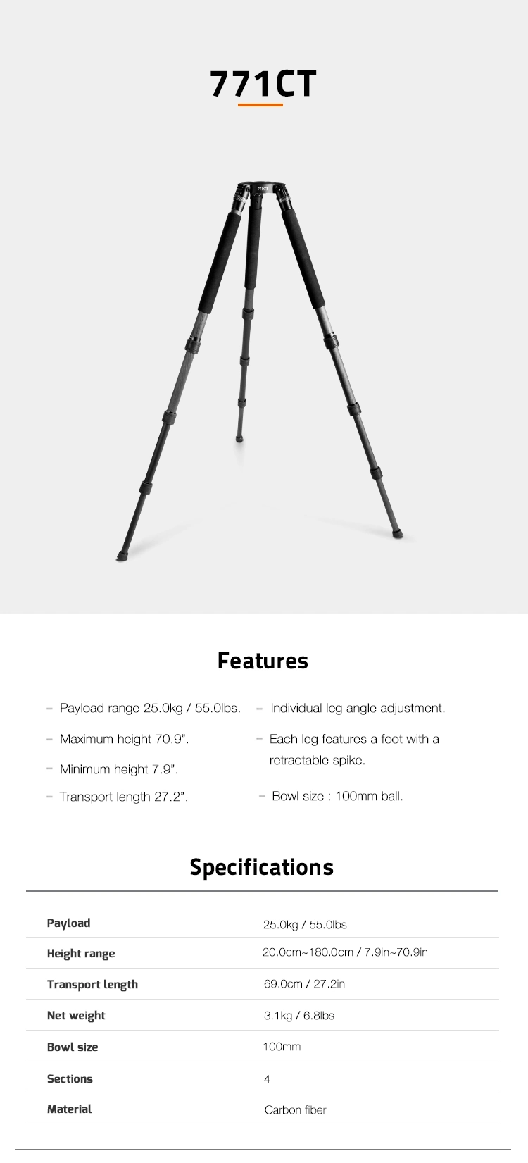 E-Image Four-Section Extra Tall Carbon Fiber Tripod Leg (771CT)