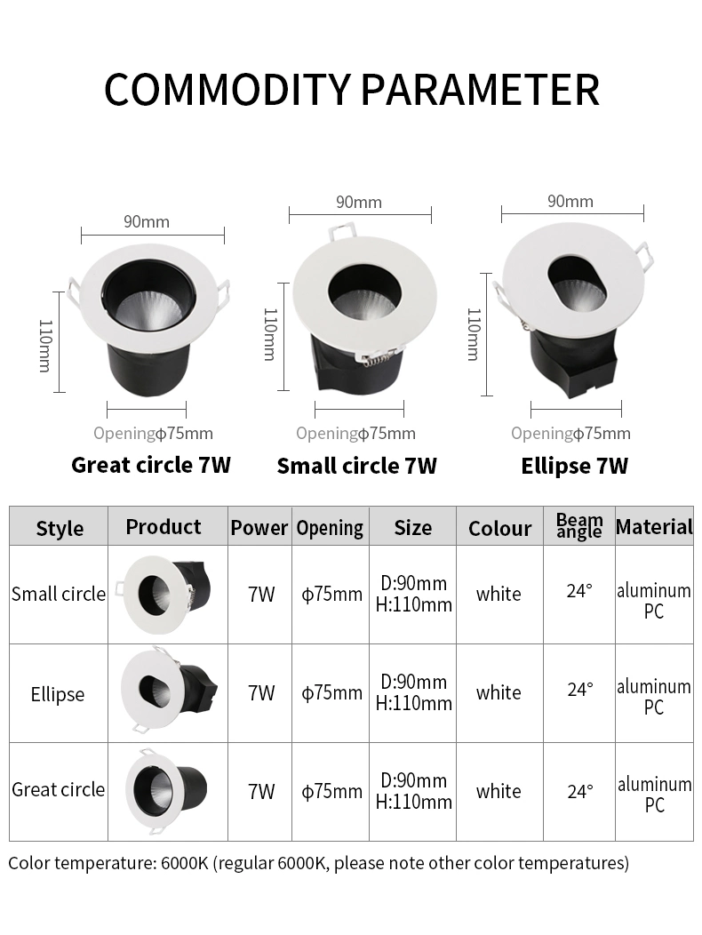 7W COB Ceiling Spotlight Aluminum Down Lighting Recessed LED Spotlight