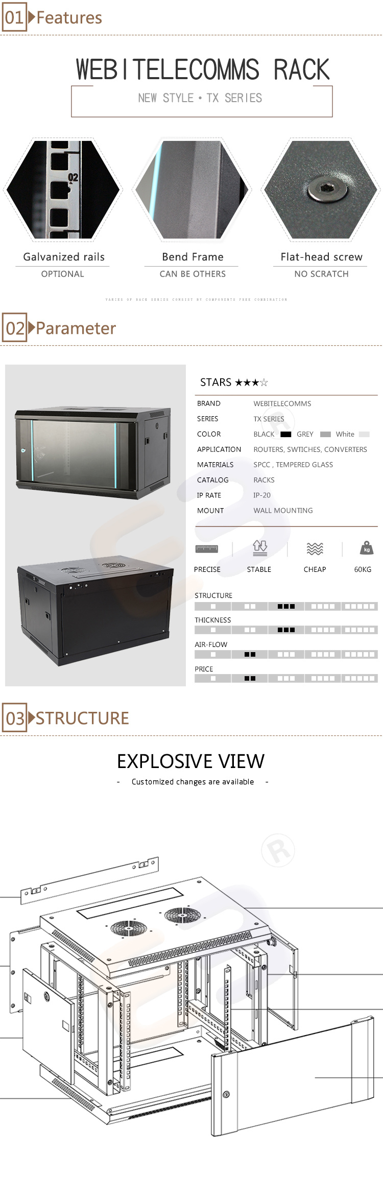 19inch Wall Mounted Data Rack Cabinet with Bevel Edge Mounted Server Rack