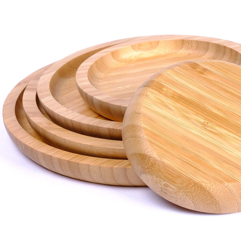 Customized Wholesale Bamboo Plate Round Tray Snack Cake Plate Dinner Serving Plate Wood Tableware