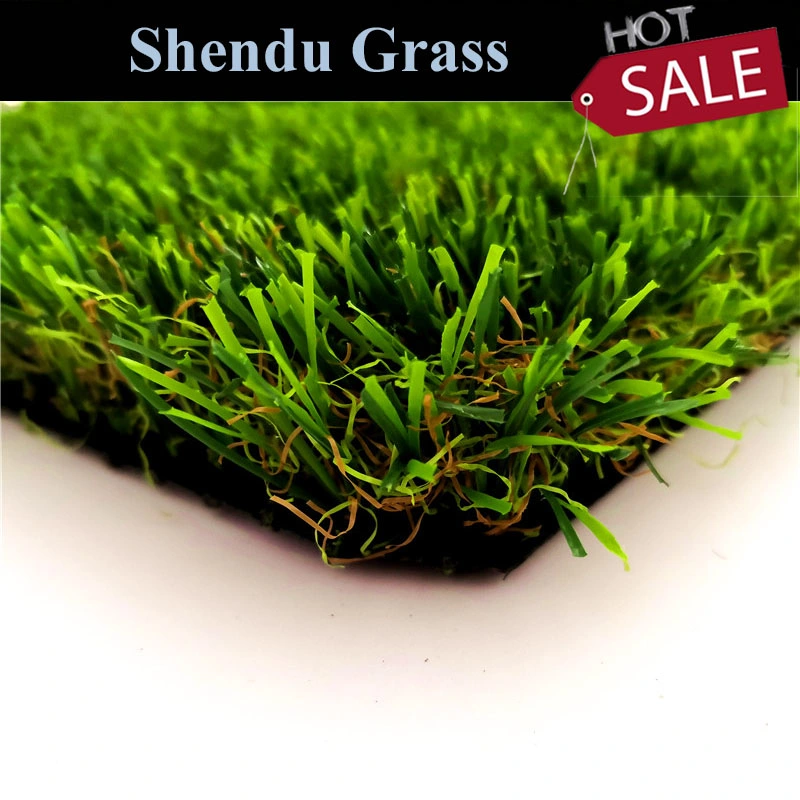 Green Straight and Brown Curl Yarn 35mm Landscape Artificial Grass Turf with Competitive Price