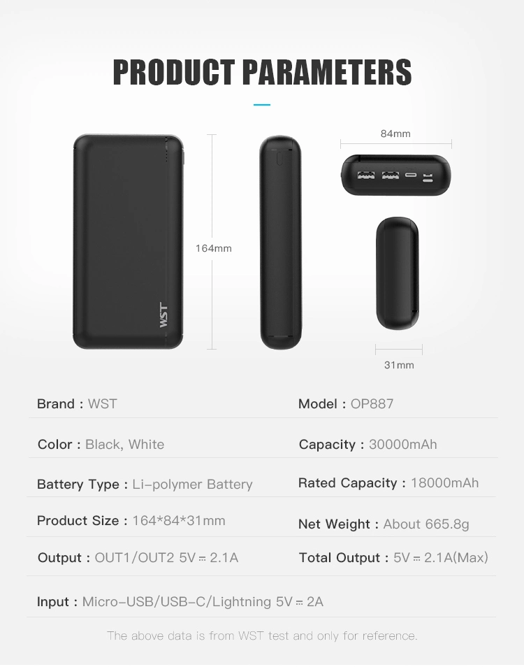 Wst 30000 mAh Power Bank Fast Charging Slim Powerbank Mini Power Bank