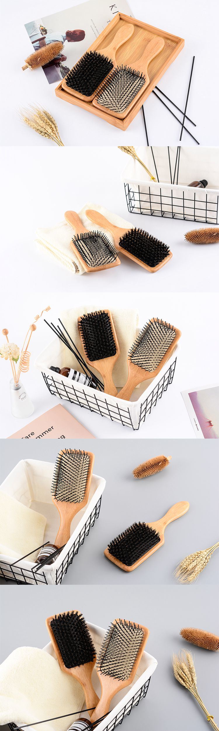 Customized Logo Wood Cushion Massage Brush Custom Paddle Bamboo Hair Brush