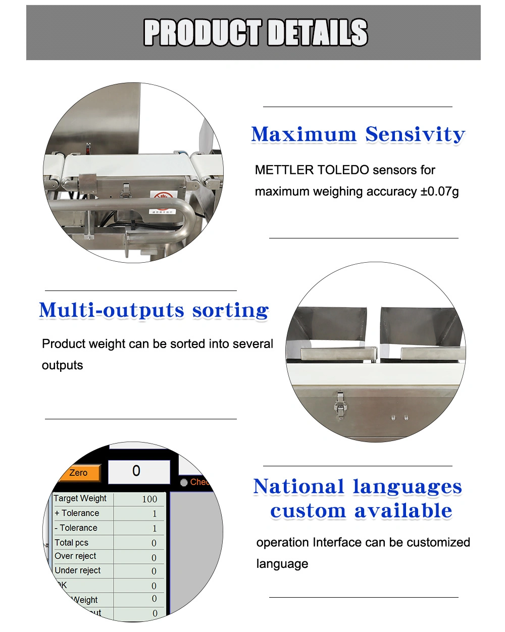 Touch Screen Sensitivity Adjustable Conveyor Belt Food Weight Checker with Auto Pusher