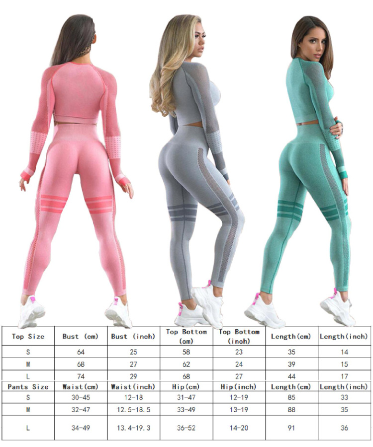 Solid Mesh Woman Workout Clothing Suit Long Sleeve Breathable Tight Yoga Leggings