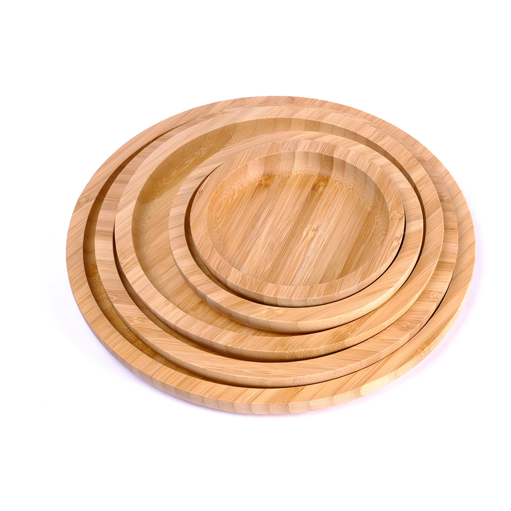 Customized Wholesale Bamboo Plate Round Tray Snack Cake Plate Dinner Serving Plate Wood Tableware