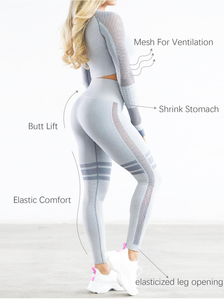 Solid Mesh Woman Workout Clothing Suit Long Sleeve Breathable Tight Yoga Leggings