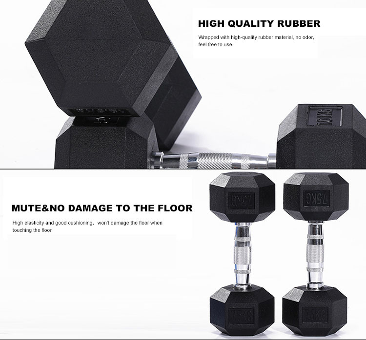 Black Steel Hex Rubber Weights Lifting Barbell Hexagonal Dumbbells