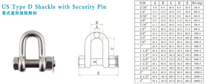 Lifting Hardware Rigging SS304/316 Key Pin Shackle 10mm with Bar