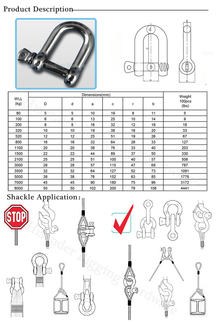 Lifting Hardware Rigging SS304/316 Key Pin Shackle 10mm with Bar