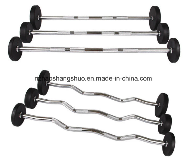 Gym Training Round Rubber Head Fixed Straight and Curl Barbell