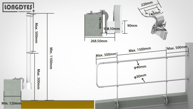 Straight Upright Parapet Clamping Railing with Z-Type Mounted Bracket