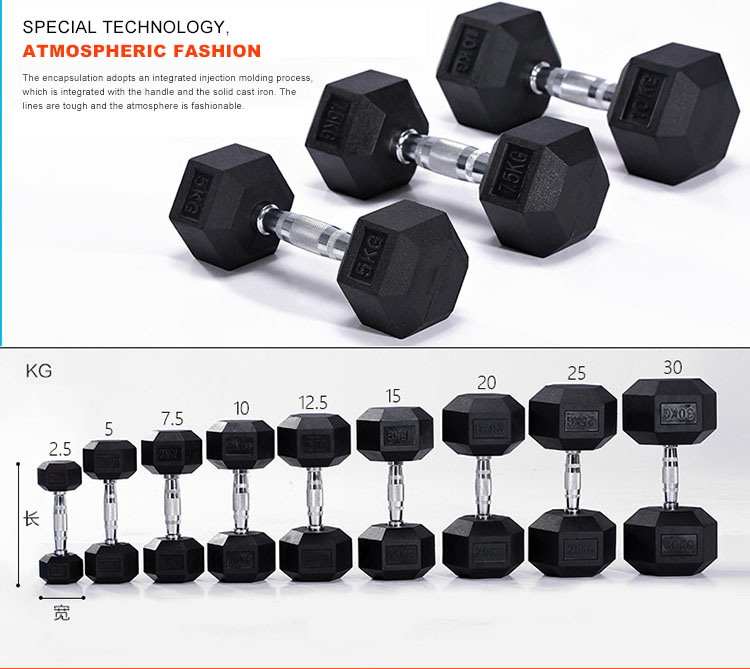 Black Steel Hex Rubber Weights Lifting Barbell Hexagonal Dumbbells