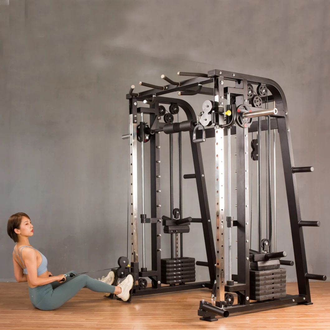 Multi Function Smith with Weight Stack Power Cage Leg Press DIP Chin & Jammer Arms Adjustable Weight Bench with Leg Extension Commercial Gym Fitness