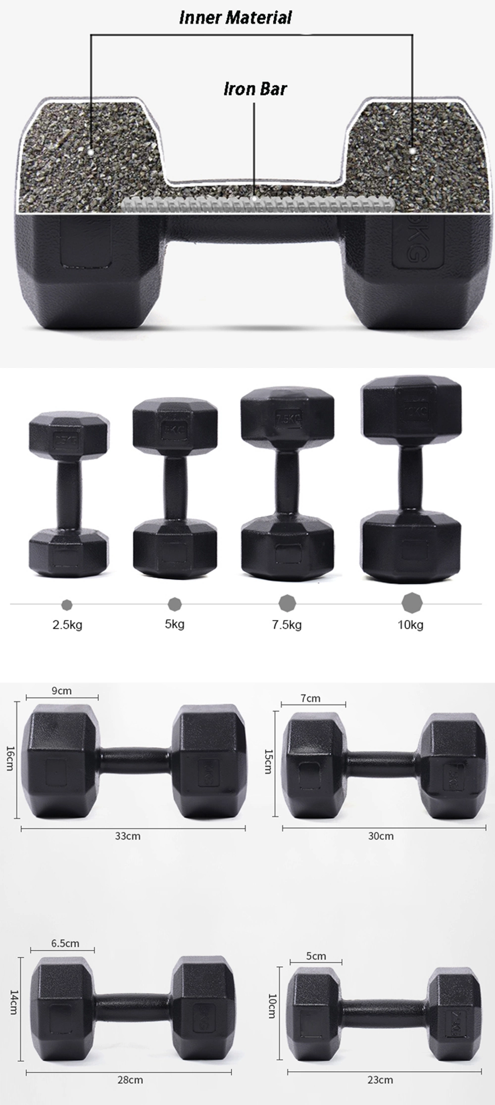 Customized Body Building Gym Equipment Rubber Hex Dumbbell