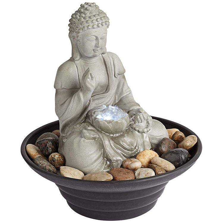 2019 Mini Feng Shui Home Decor Polyresin Resin Buddha Table Top Water Fountain with Stone