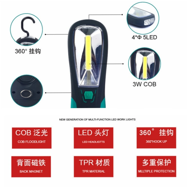 3W COB Inspection Light, Portable LED Work Light Powered by 4AAA Battery with Magnet and Hook, Pocket Flashlight