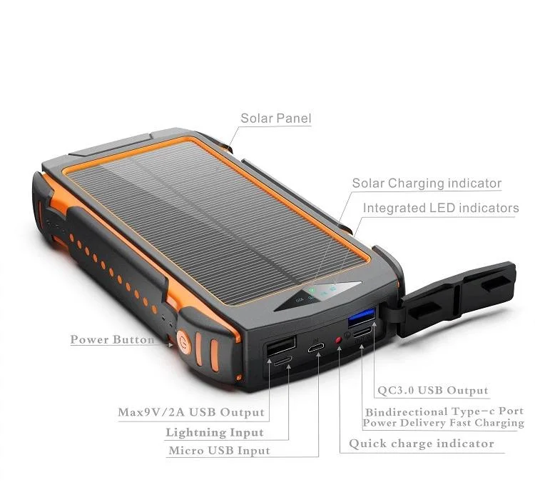 Waterproof Portable 20000mAh Solar Power Bank with Compass LED Flashlight Dual USB