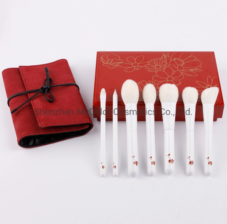 7PCS Goat Hair Cosmetic Brush Set Professional Powder Foundation Brush Cherry Blossoms Makeup Brush Kit