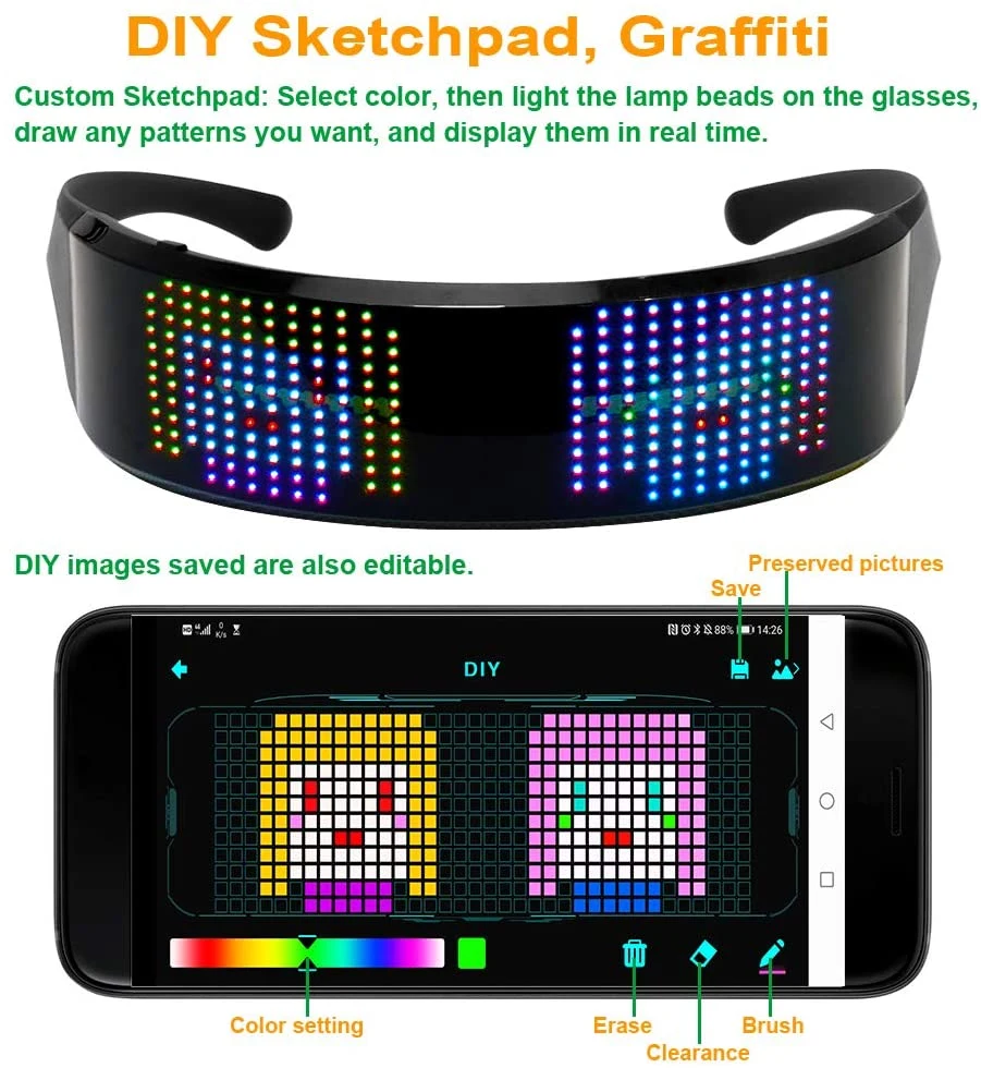 LED Bluetooth Glasses, Full Color LED Display Smart Glasses with APP Connected Control, DIY, Text, Graffiti, Animation, Rhythm, USB Charging LED Glasses