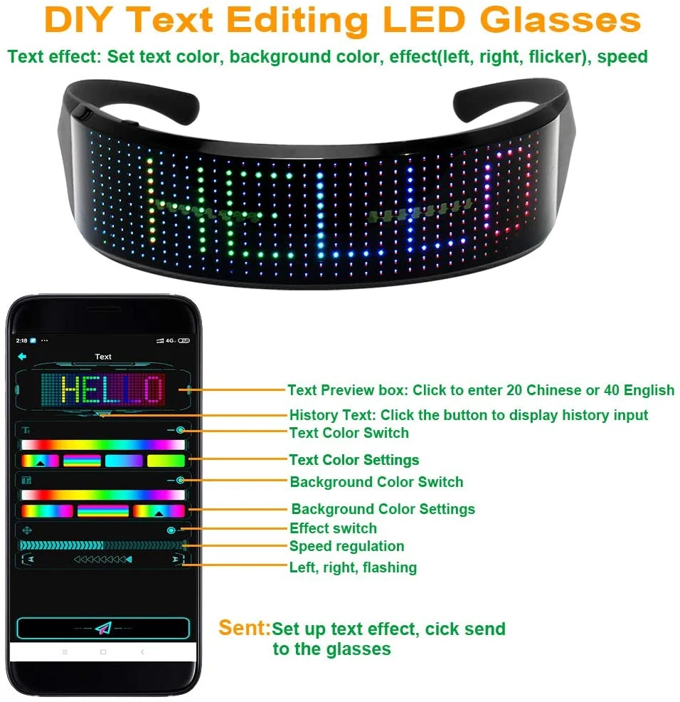 LED Bluetooth Glasses, Full Color LED Display Smart Glasses with APP Connected Control, DIY, Text, Graffiti, Animation, Rhythm, USB Charging LED Glasses