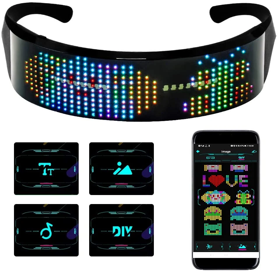 LED Bluetooth Glasses, Full Color LED Display Smart Glasses with APP Connected Control, DIY, Text, Graffiti, Animation, Rhythm, USB Charging LED Glasses