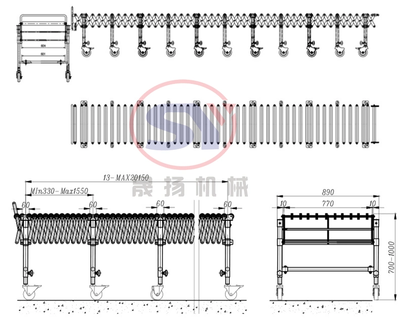 Mobile Gravity Extendable Stainless Steel Roller Conveyor Table for Food Tray Conveying