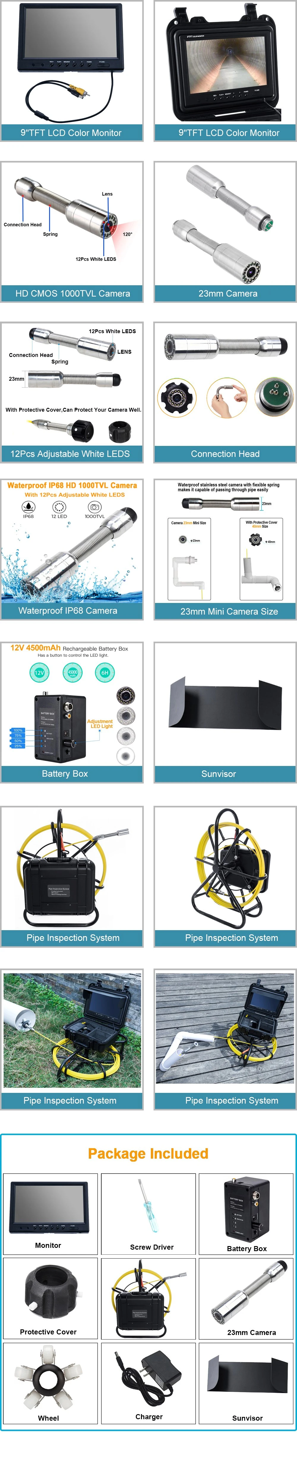 23mm Lens 20m Cable Underwater Video Duct Pipe Inspection Camera System with 12PCS LED Lights