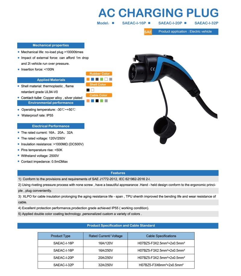 EV-Mario AC Charging Plug Type1 32A 250V EV Charger SAE Wallbox Electric Car Charging Station