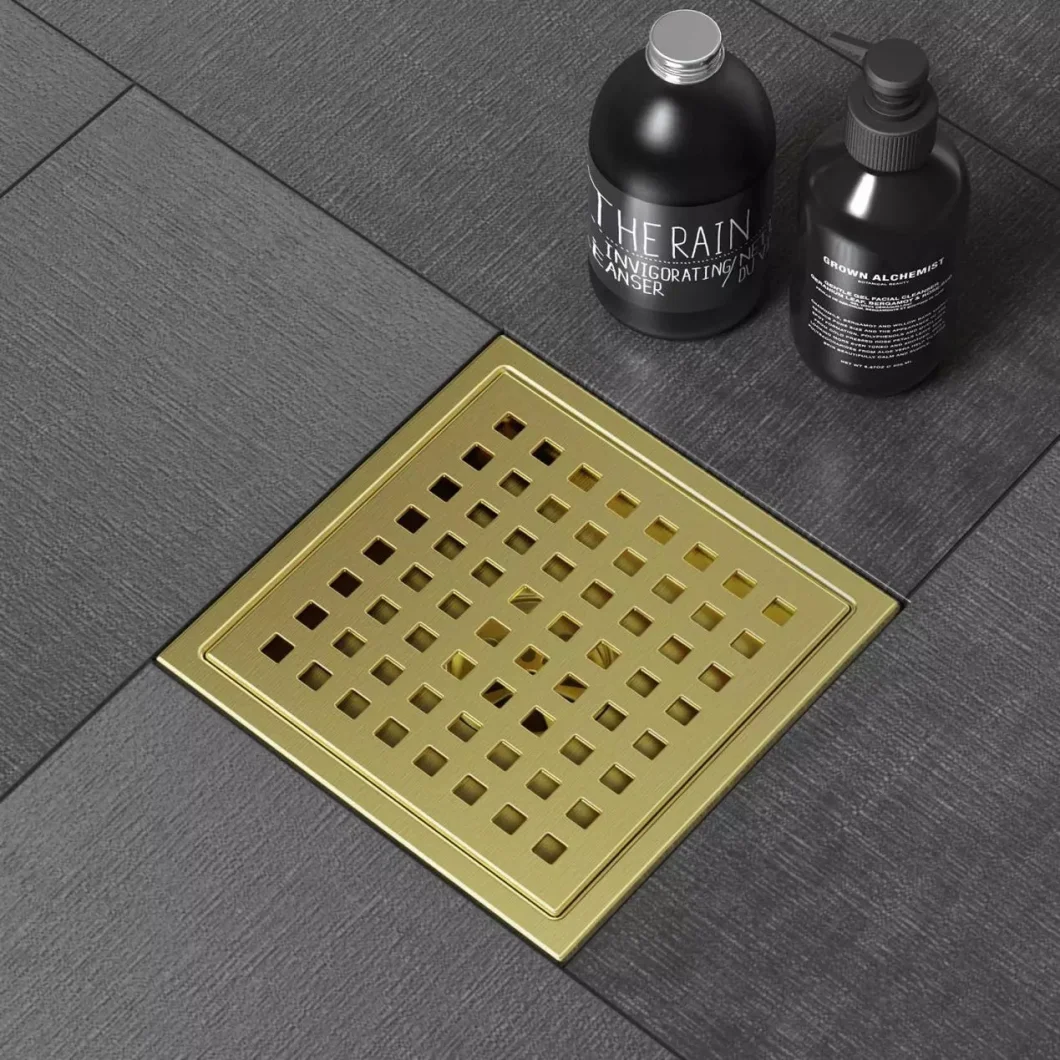 6 Inch Flange Quadrato Pattern Grate Removable Square Shower Drain Brushed Gold Square Drain