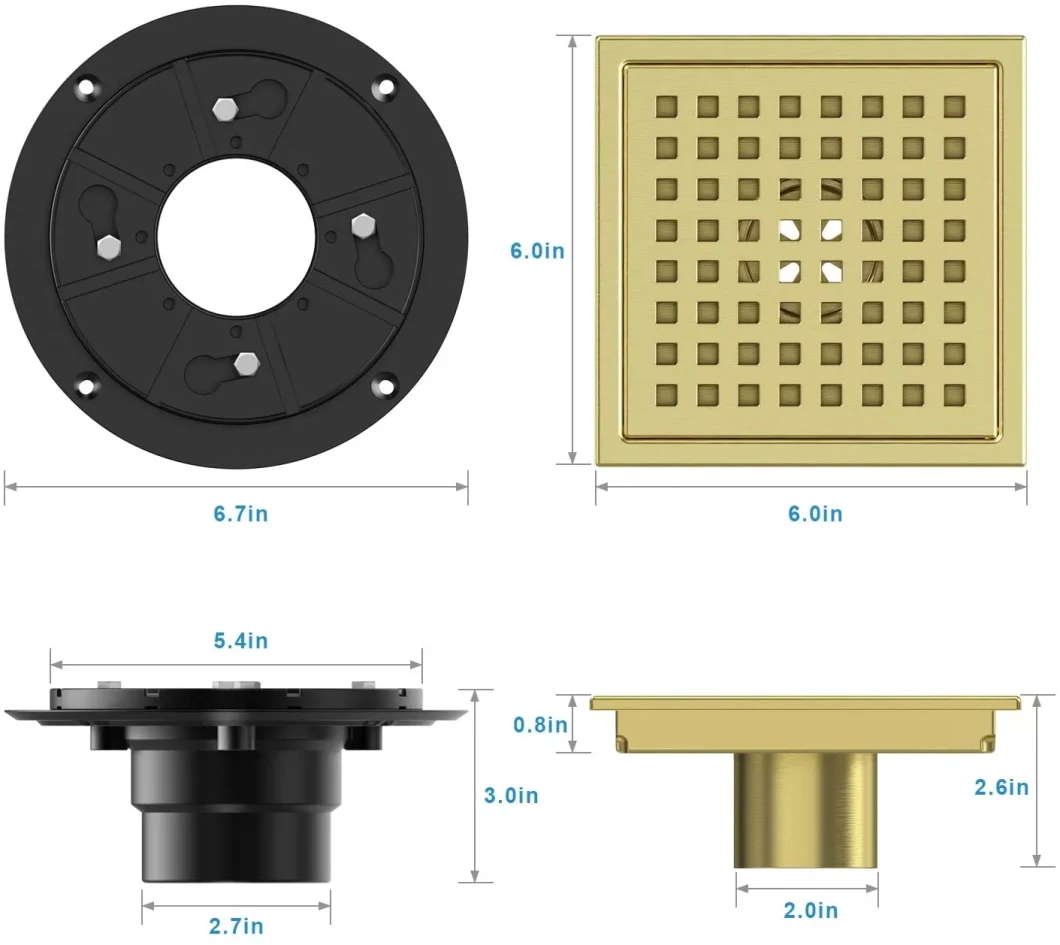 6 Inch Flange Quadrato Pattern Grate Removable Square Shower Drain Brushed Gold Square Drain