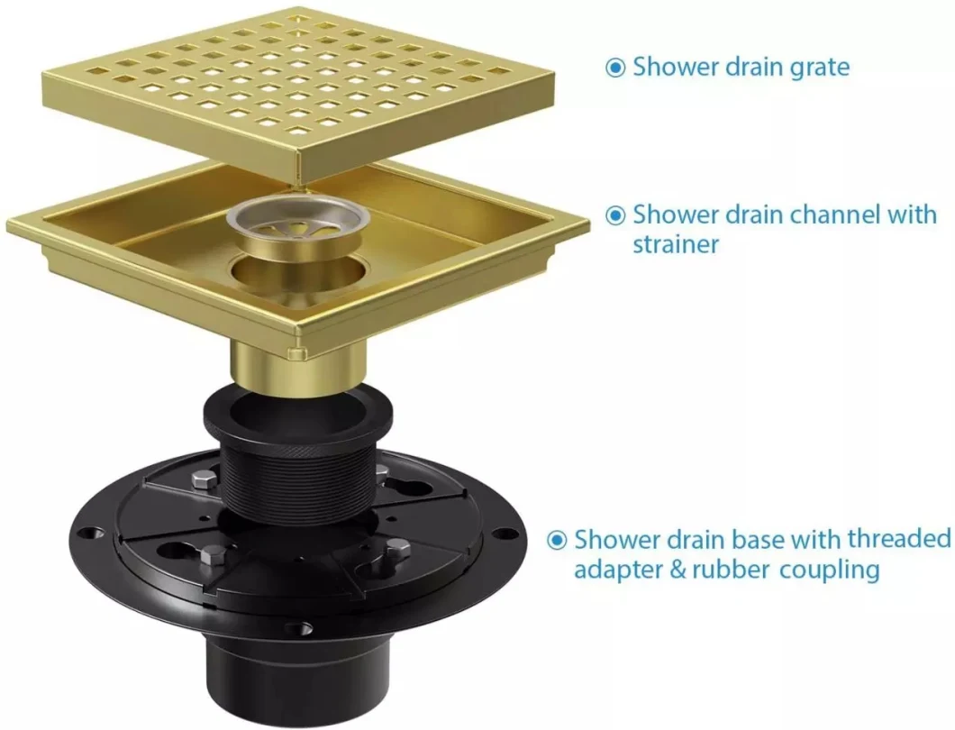 6 Inch Flange Quadrato Pattern Grate Removable Square Shower Drain Brushed Gold Square Drain