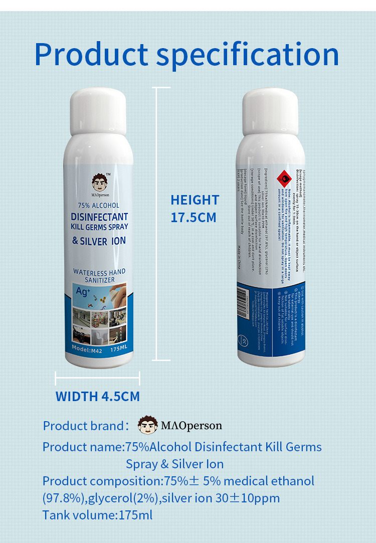 175ml Silver Ion 75%75% Alcohol Disinfectant Water Free Hand Sanitizer
