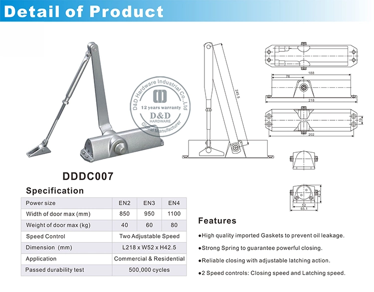 CE En1154 Fire Rated Aluminum Overhead Commercial Adjusting Door Closer