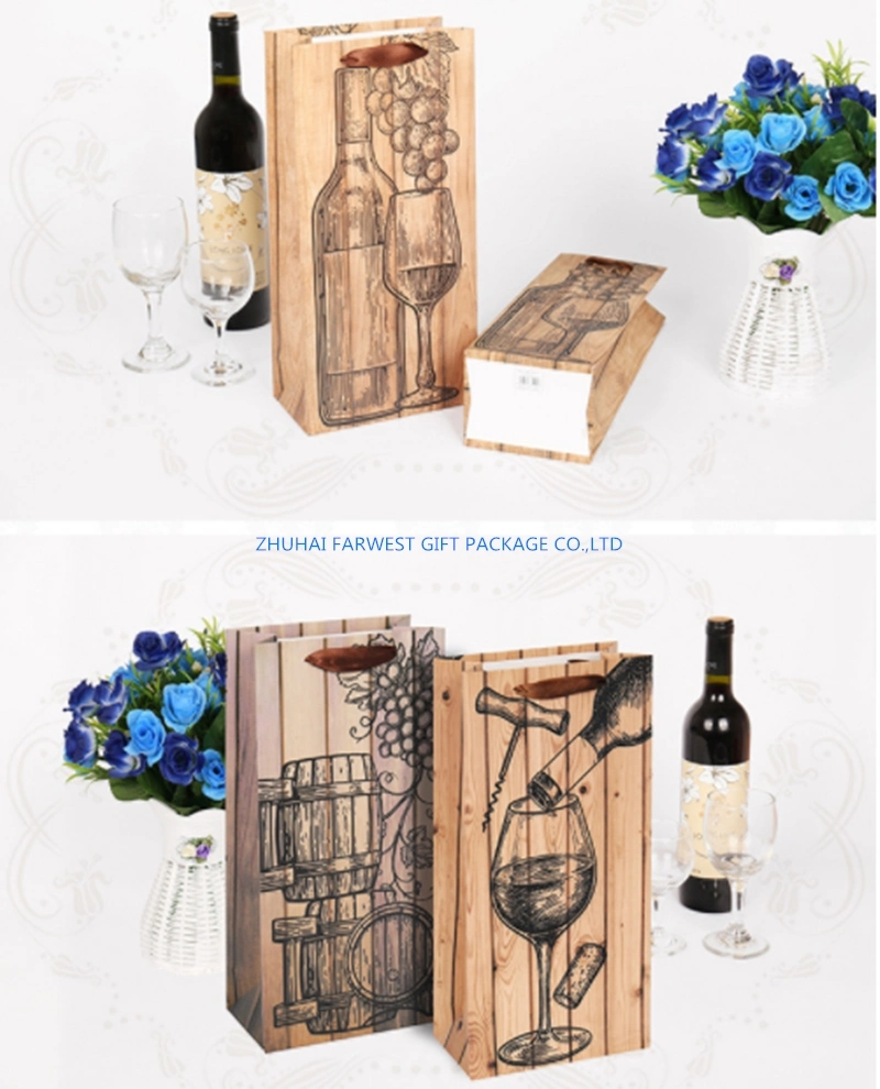 Printed Paper Bag Paper Wine Gift Bag for Red Wine Packaging Two Size for Single and Double Bottle