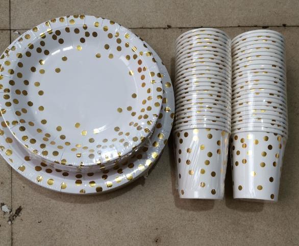 200PCS Gold DOT Disposable Paper Plates, Cups and Napkins, Tableware Sets