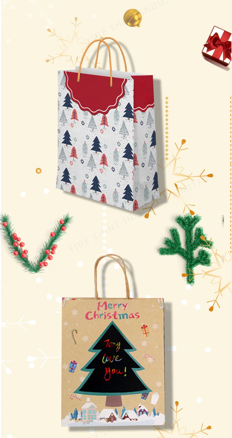 Top Quality Custom Logo Print Christmas Gift Bags Kraft Paper Bags with Handles