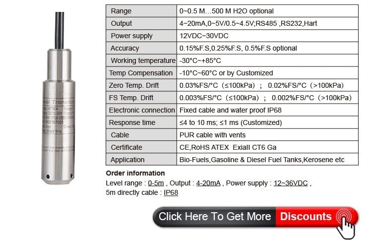 RS485 Gasoline Tank Gasoline Pressure Level Sensor Anti-Corrosion Oil Level Transducer