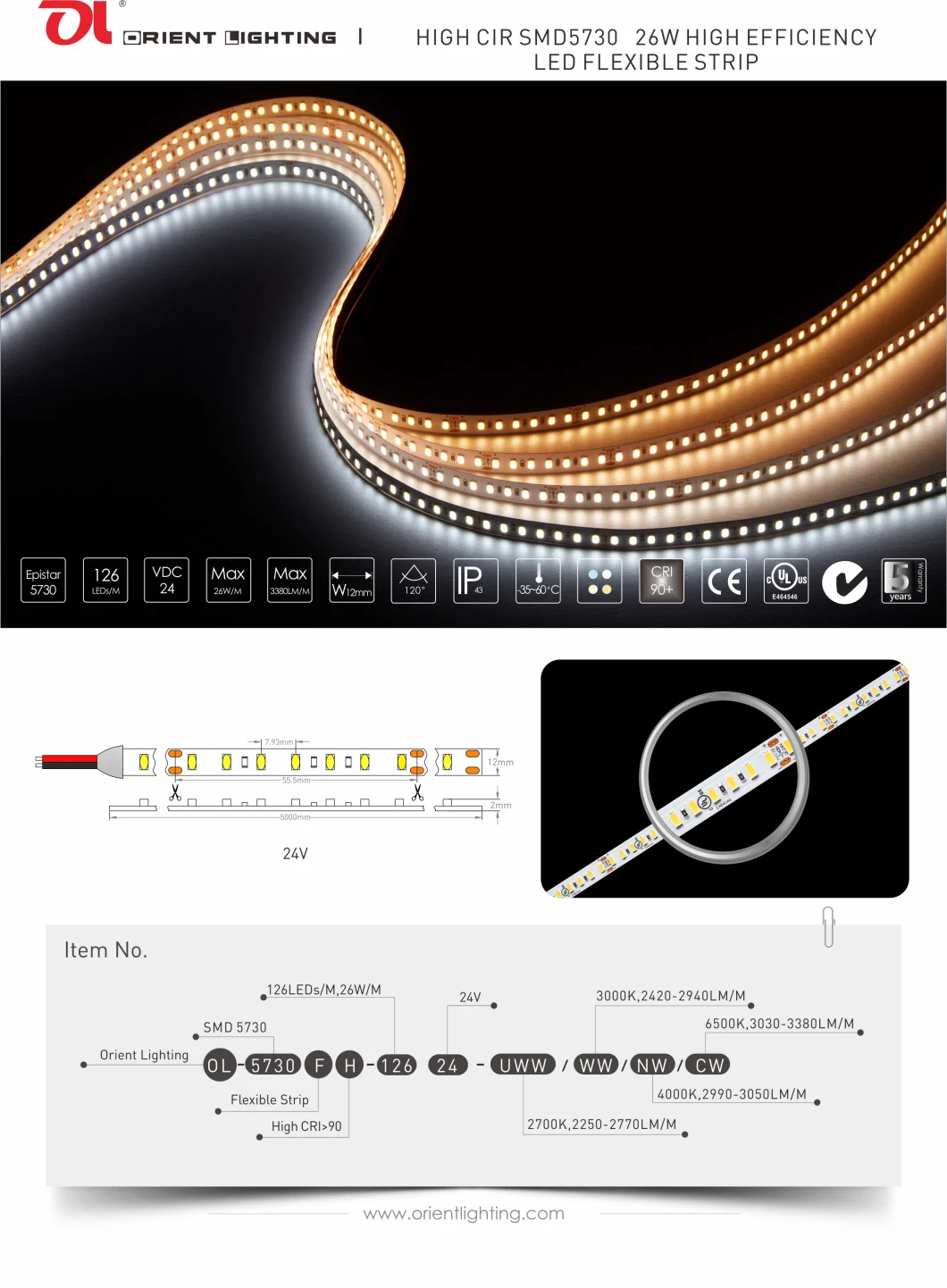 3000K IP20 High Lumen Efficiency Flexible LED Strip for Architectural Decorative Lighting